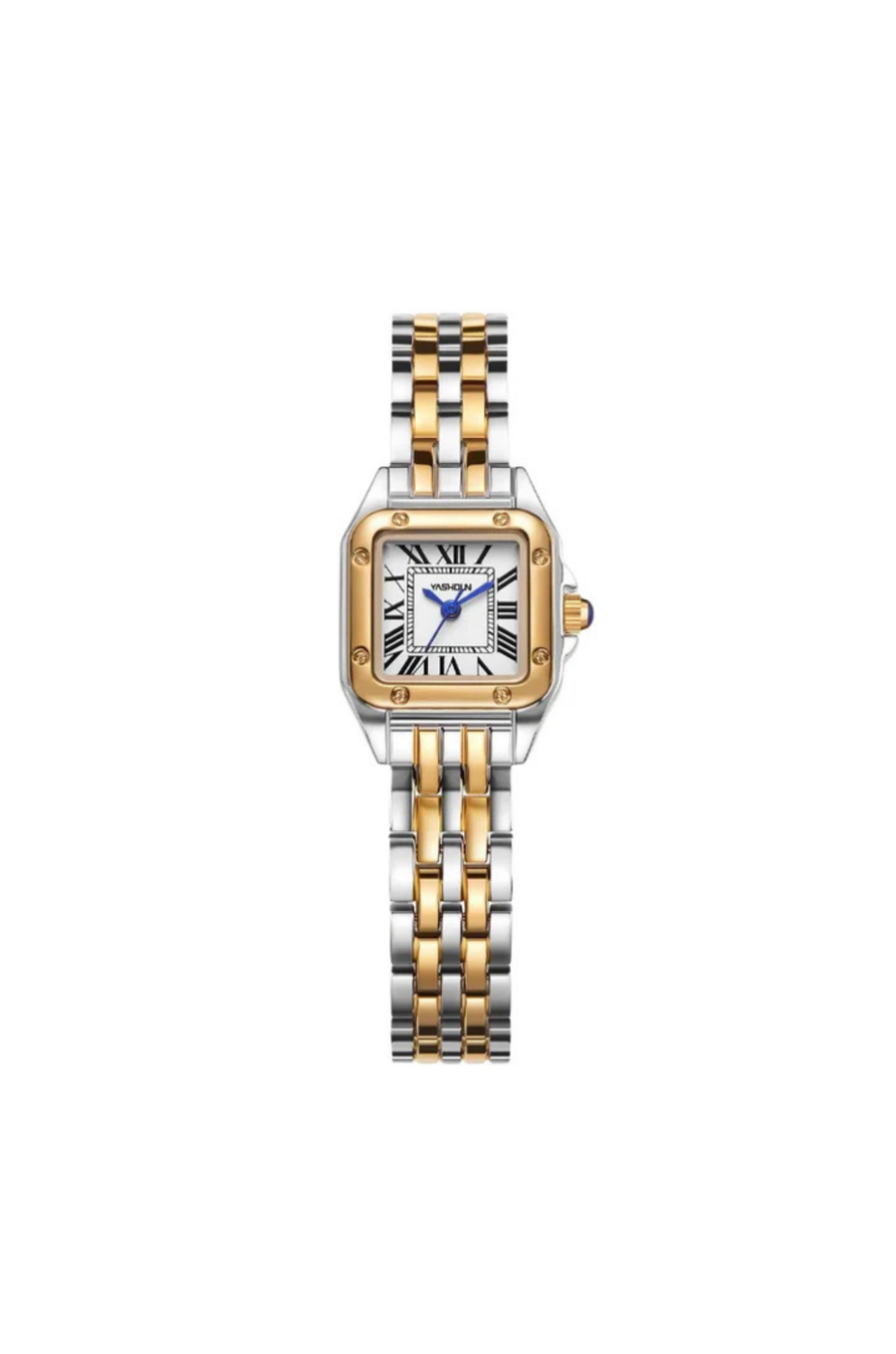 Two toned metal watch.
Tarnish proof however we do not recommend it getting the face wet.
This watch is adjustable and comes with the tool to make the adjustments.
silver and gold watch