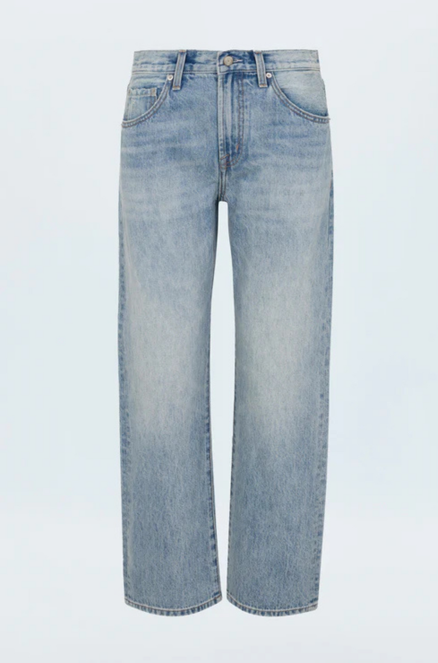 Faded straight leg jeans
Mid rise bowed straight leg jeans
No stretch
Button and zipper fly
Five pocket construction
Rise: 10" / Inseam: 29" / Leg Opening: 17.5"
Cotton
mid to light wash denim jeans