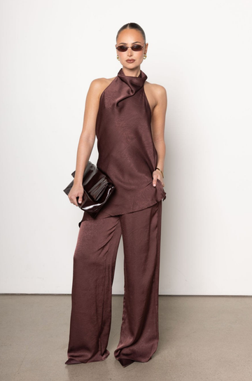 Brown satin pant and tank top set