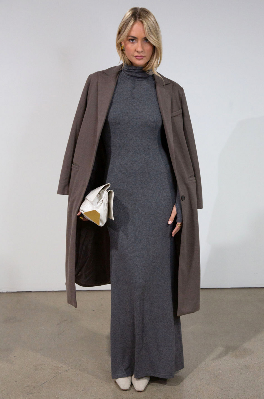 Ribbed knit maxi dress. Turtleneck. Long sleeves. Unlined. grey turtleneck maxi dress. fall dress. friendsgiving dress. thanksgiving dress.