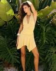 yellow Halter mini dress
Deep plunge halter neckline
Soft gathered bust with allover side ruching
Fitted ruched bodice
Asymmetric draped skirt
Fixed neck strap
Fully lined
summer dress