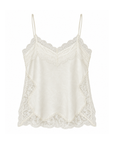 Cream Satin tank top
Lace detailing
Adjustable spaghetti straps
Side slits
Unlined/Partially sheer