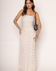 Chiffon polka dot maxi dress
Strapless
Tube top
Side cinching
Inner rubber grip lining
Back zipper closure
Lined
Cream and black polka dot maxi dress
bridal dress
Summer maxi dress