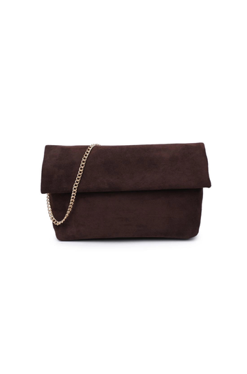 Crossbody faux suede purse
Removable chain strap
Outer zip pocket
Inner zip and slip pocket
Magnetic closure
Lined
Vegan Leather
chocolate brown faux seule clutch purse 
fall bag
fall clutch