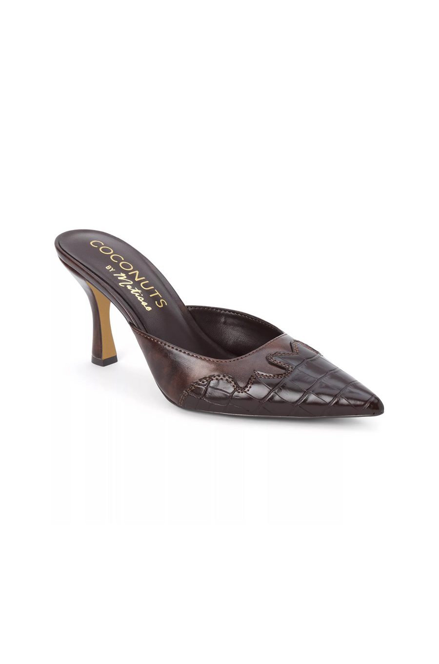 brown Western inspired faux leather heel
Crocodile print
Pointed toe
Slip on
Lightly padded footbed
3" heel
Synthetic
brown kitten heel
brown western mule heel
fall shoes
