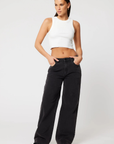 Relaxed fit straight leg jeans. Mid rise. Button and zipper fly. Five pocket construction. Unlined. black denim jeans.