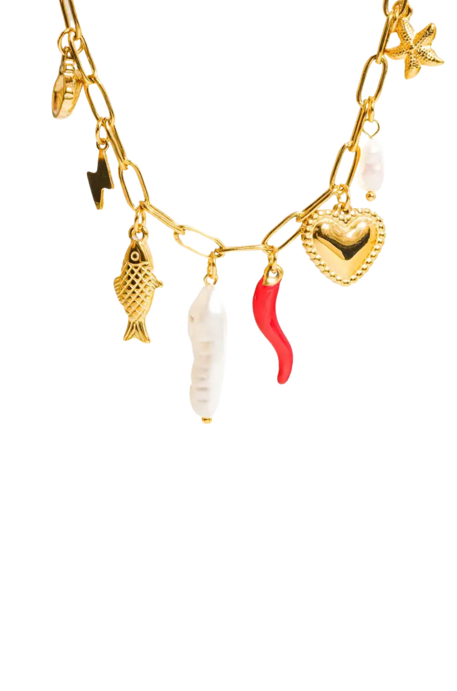 18K Gold Non-Tarnish Pepper Fish Pearl Charm Necklace
18K Gold Plating Stainless Steel
Pendant Size: 0.5 - 1.1 inches&nbsp;
Chain Length: 17.7"
Extension Length: 2"
Lead and Nickel Free
Hypoallergenic
Water Resistant