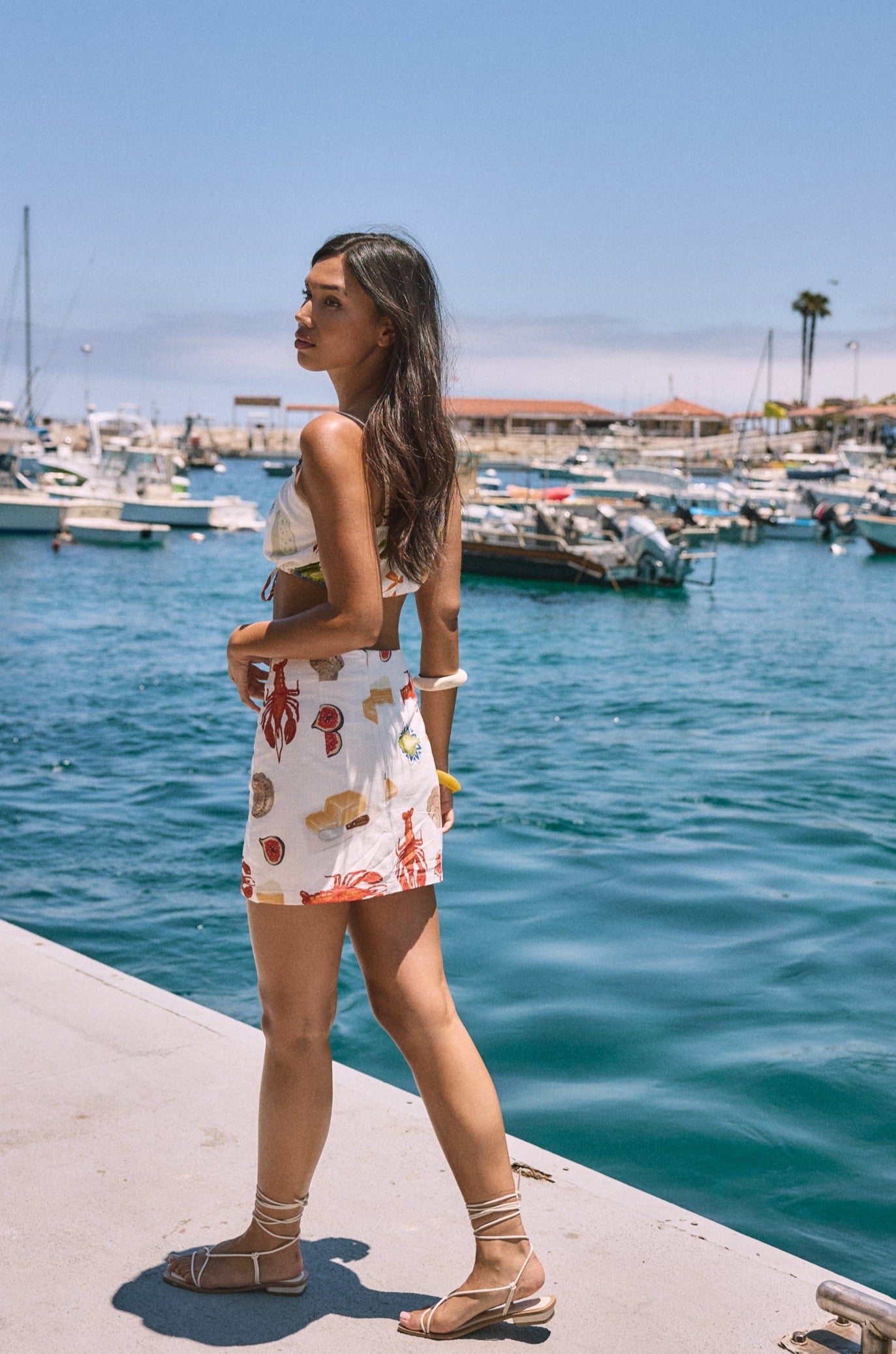 Printed woven crop top. Adjustable straps. Adjustable drawstring hem. Fully lined. Funky graphic crop tank top. Lobster tank top. European summer top. european summer outfit. summer outfit. cute summer set. 