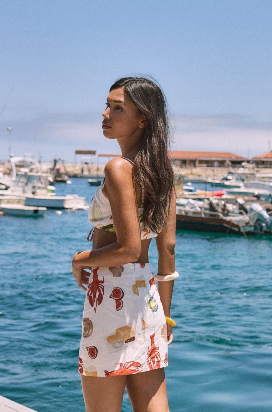 Printed woven skirt. Front slit. Back hook and eye and zipper closures. Fully lined. Funky graphic skirt. Skirt with lobsters on it. European summer outfit. cute summer set. Skirt with shells