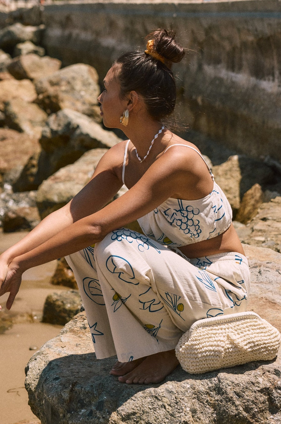 Printed woven wide leg pants. Elastic waistband with drawstring closure. Side pockets. Fully lined. lemon pant. grape and wine pant. summer throw on pant. cute graphic linen pant. european summer pant. summer pant. vacation outfit. cute summer set.