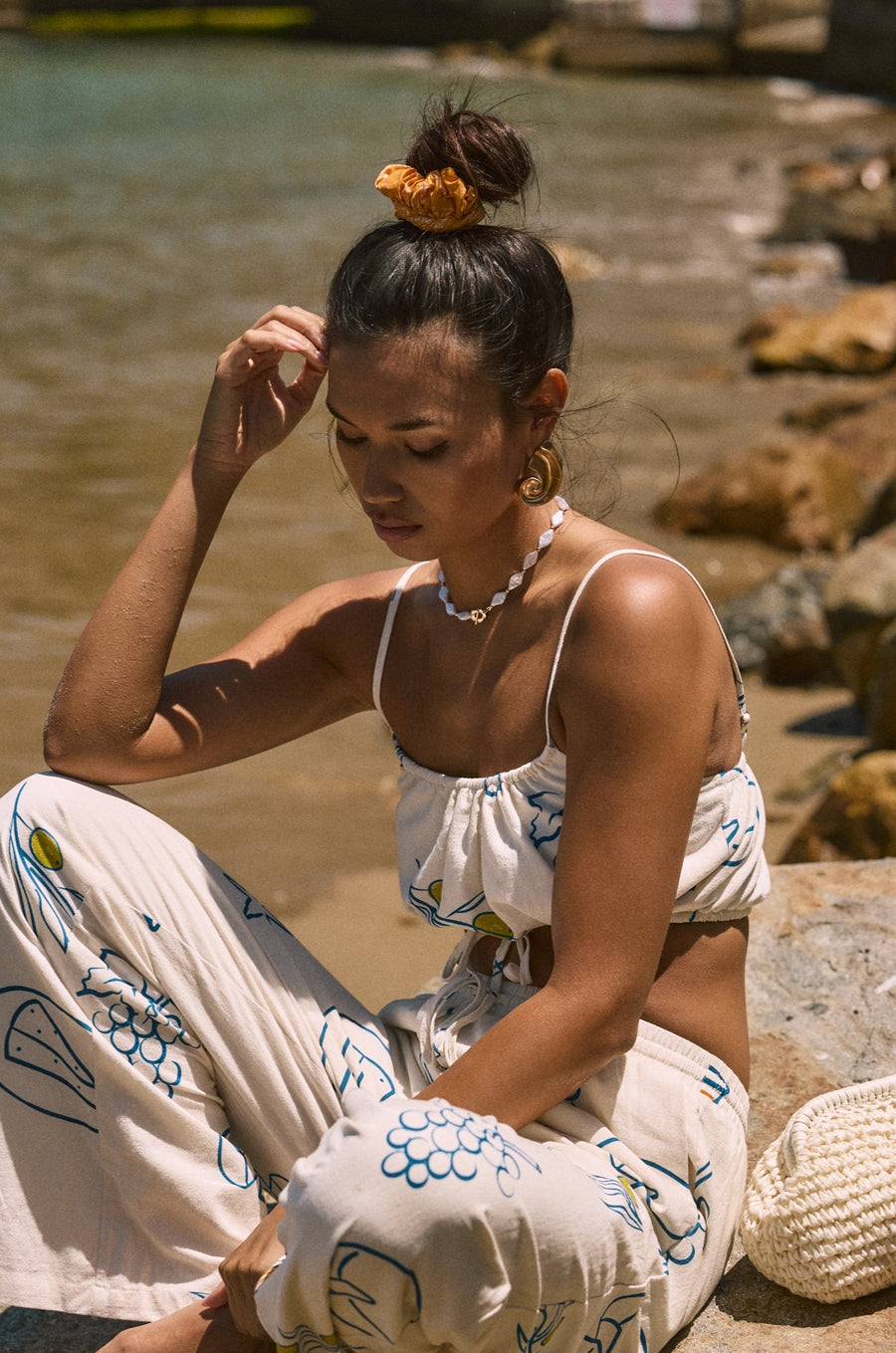 Printed woven cropped tank top. Adjustable straps. Drawstring hem. Elastic back. Fully lined. lemon top. lemon shirt. summer crop tank top. cute graphic tank top. european summer top. summer top. vacation outfit. cute summer set.