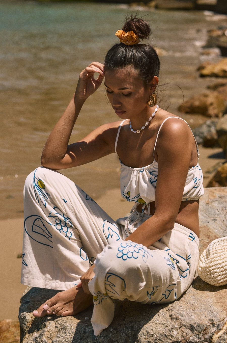 Printed woven wide leg pants. Elastic waistband with drawstring closure. Side pockets. Fully lined. lemon pant. grape and wine pant. summer throw on pant. cute graphic linen pant. european summer pant. summer pant. vacation outfit. cute summer set.