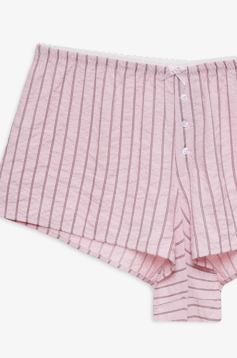 pink Striped boxer shorts
Front boxer placket with buttons
Adorned with picot trims
Decorative bow at front waist
Unlined
Polyester/Cotton
for love & lemons boxer shorts