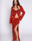 Red floral maxi skirt with slit set
red floral long sleeve twist front top
valentines day date outfit
galentines day outfit
