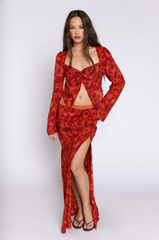 Red floral maxi skirt with slit set
red floral long sleeve twist front top
valentines day date outfit
galentines day outfit