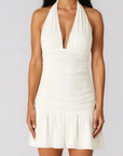 Halter textured mini dress
Triangle top with v neckline
Adjustable neck tie
Cinched sides
Lined
white graduation mini dress
white bridal mini dress