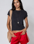 red Satin track shorts
Mini length
Inner adjustable drawstring
Elastic waistband
Unlined