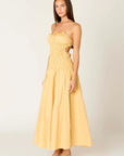 yellow Smocked maxi dress
Straight neckline
Adjustable spaghetti straps
Gathered bust with tiered smocking
Back cutout detail
Side pockets
Fully lined