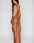 Brown bronze Satin maxi dress
Asymmetrical long sleeve hem
Open back
Side zipper closure
brown Wedding guest dress