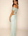 sage green Off the shoulder maxi dress
Fold over
Side cut out
Partially lined
partial mesh bodice
green wedding guest dress