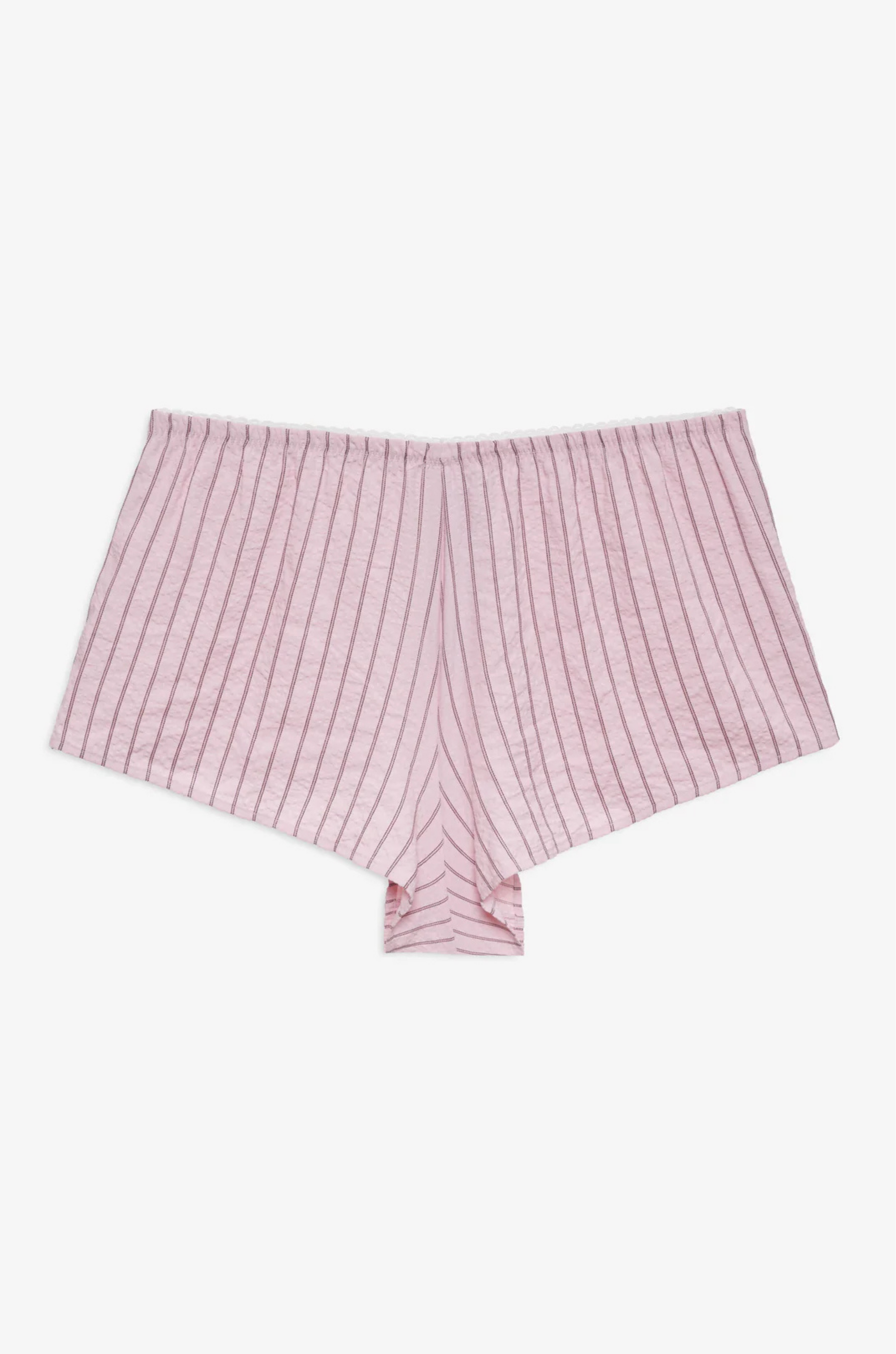pink Striped boxer shorts
Front boxer placket with buttons
Adorned with picot trims
Decorative bow at front waist
Unlined
Polyester/Cotton
for love & lemons boxer shorts