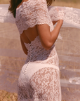 white Lace mini dress
Off the shoulder
Cross front
Back cut out
Unlined/Sheer