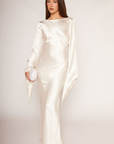 White Ivory Satin maxi dress
Asymmetrical long sleeve hem
Open back
Side zipper closure
Bridal dress