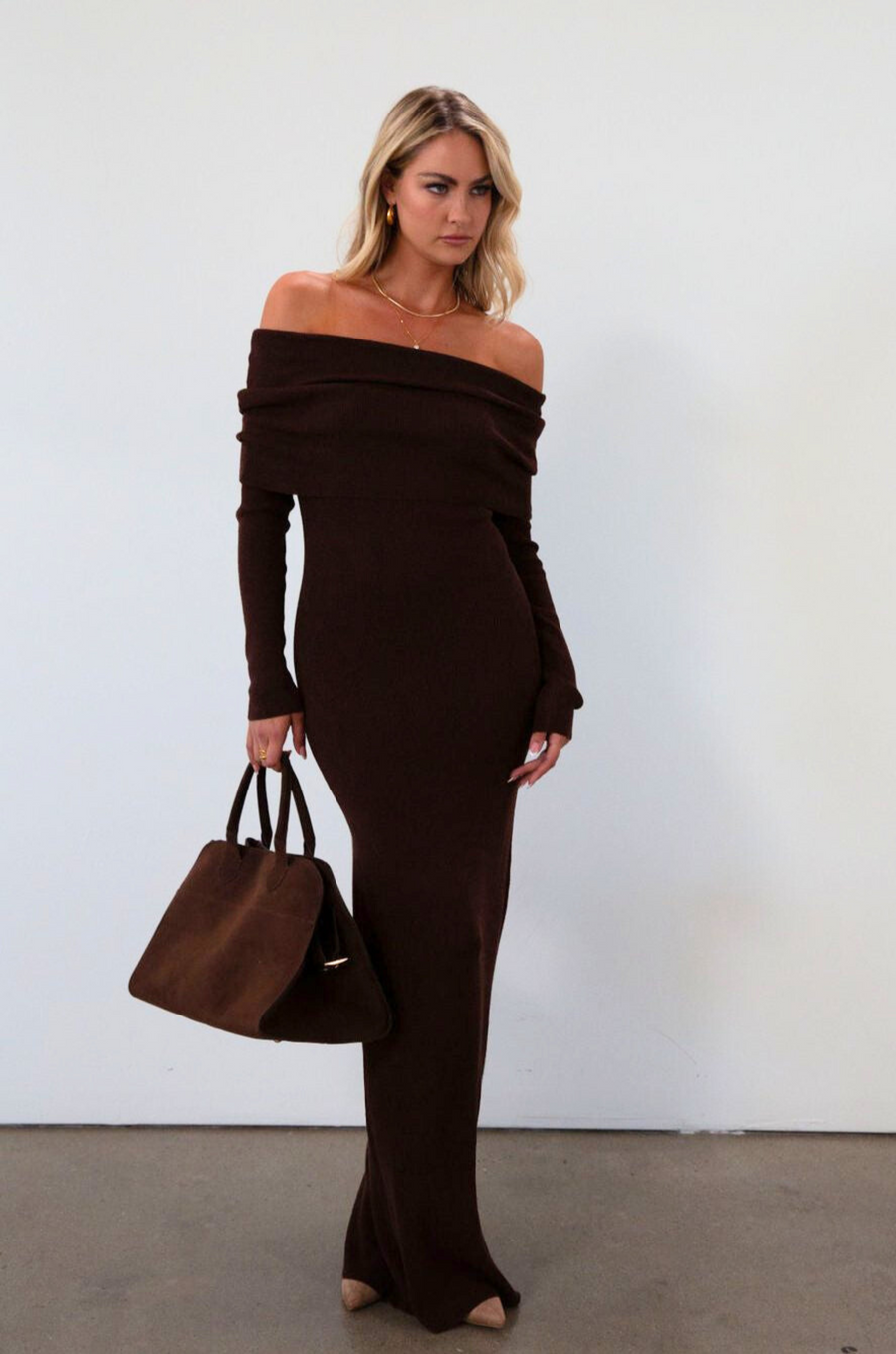 Knit maxi dress. Folded neckline. Long sleeves. Unlined. brown maxi dress. fall dress. fall outfit. off the shoulder maxi dress