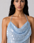 Sequin mesh halter maxi dress
Sheer skirt
Adjustable halter neck tie
Open back
Hidden side zipper
Unlined/Sheer
blue sequin wedding guest dress