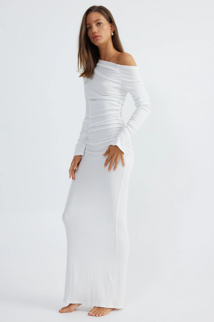 Ribbed knit maxi dress. Long sleeves. Ruched sides. Unlined. White dress. Asymmetrical shoulder. Off the shoulder dress. Engagement party dress. Bridal party dress