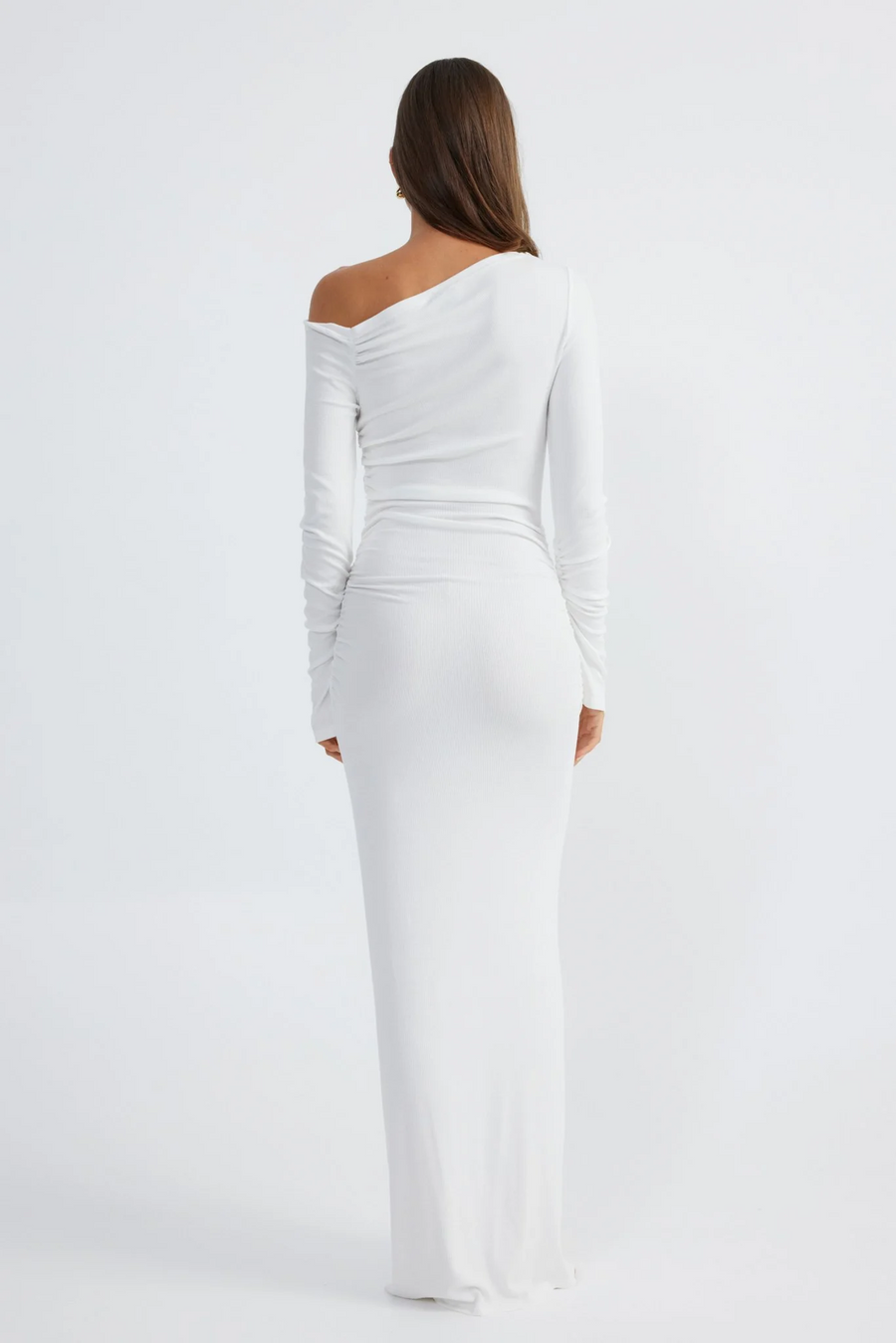 Ribbed knit maxi dress. Long sleeves. Ruched sides. Unlined. White dress. Asymmetrical shoulder. Off the shoulder dress. Engagement party dress. Bridal party dress
