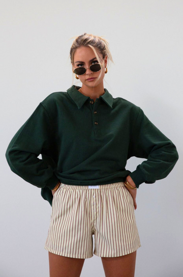 Knit top. Collar neckline. Front button down closure. Unlined. green sweatshirt. fall outfit. fall top. fall transition. cute casual outfit.