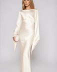 White Ivory Satin maxi dress
Asymmetrical long sleeve hem
Open back
Side zipper closure
Bridal dress