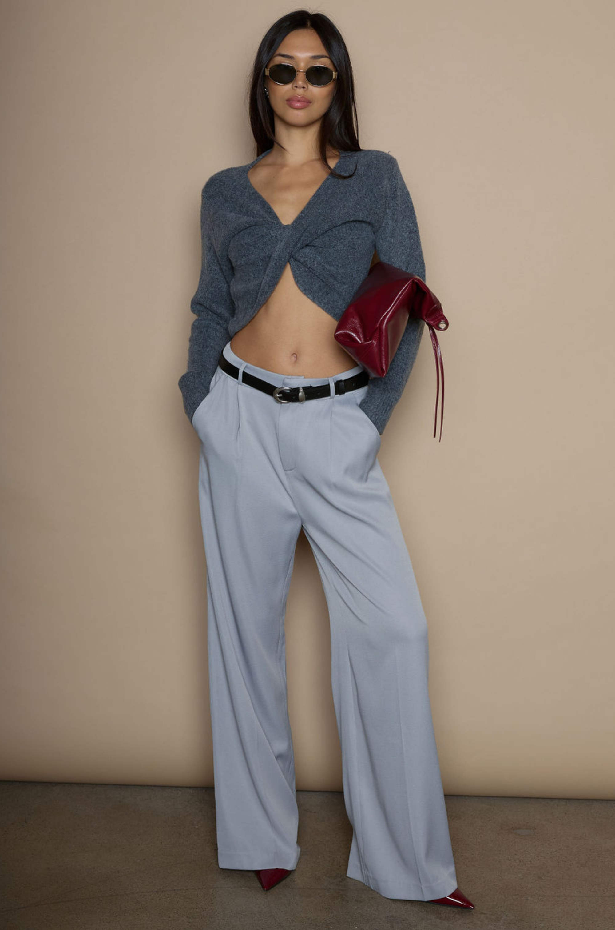 Woven wide leg pants. Hook and eye and zipper fly. Side pockets. Faux back pocket. Unlined. grey slacks. gray slacks. work pants. work slats. 