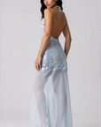 Sequin mesh halter maxi dress
Sheer skirt
Adjustable halter neck tie
Open back
Hidden side zipper
Unlined/Sheer
blue sequin wedding guest dress