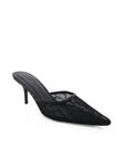 Elegantly elevated mid-height stiletto
Classic pointed toe and delicate black lace detailing
Easy slip on style
Backless mule design
Heel height: 2.75"
Synthetic upper/ Resin sole
black lace pointed toe heel
