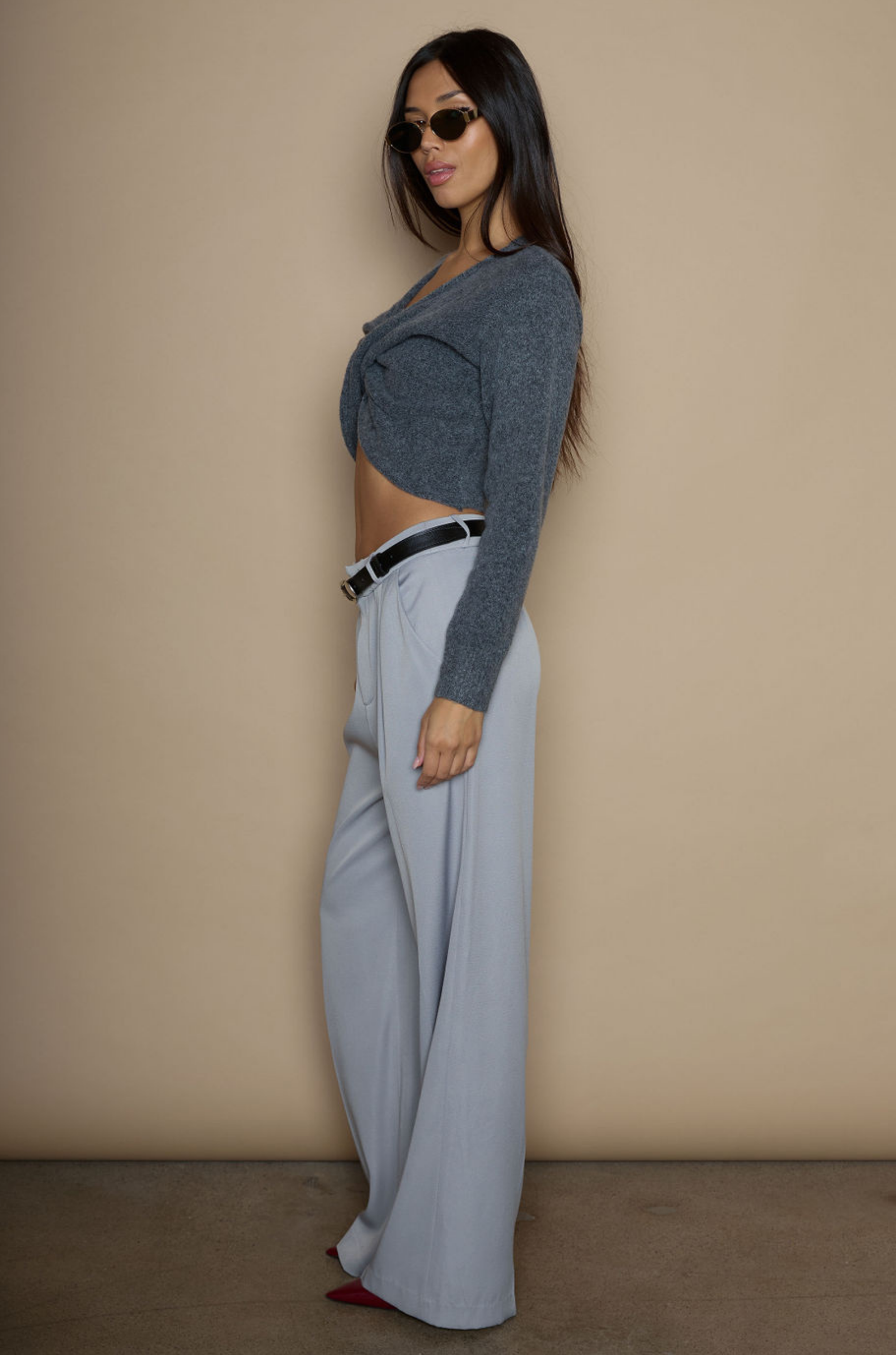 Woven wide leg pants. Hook and eye and zipper fly. Side pockets. Faux back pocket. Unlined. grey slacks. gray slacks. work pants. work slats. 