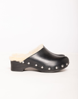black leather fur lined clogs