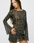 Sheer chiffon polka dot mini dress
Long sleeve
sheer black and white polka dot mini dress