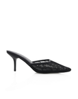 Elegantly elevated mid-height stiletto
Classic pointed toe and delicate black lace detailing
Easy slip on style
Backless mule design
Heel height: 2.75"
Synthetic upper/ Resin sole
black lace pointed toe heel