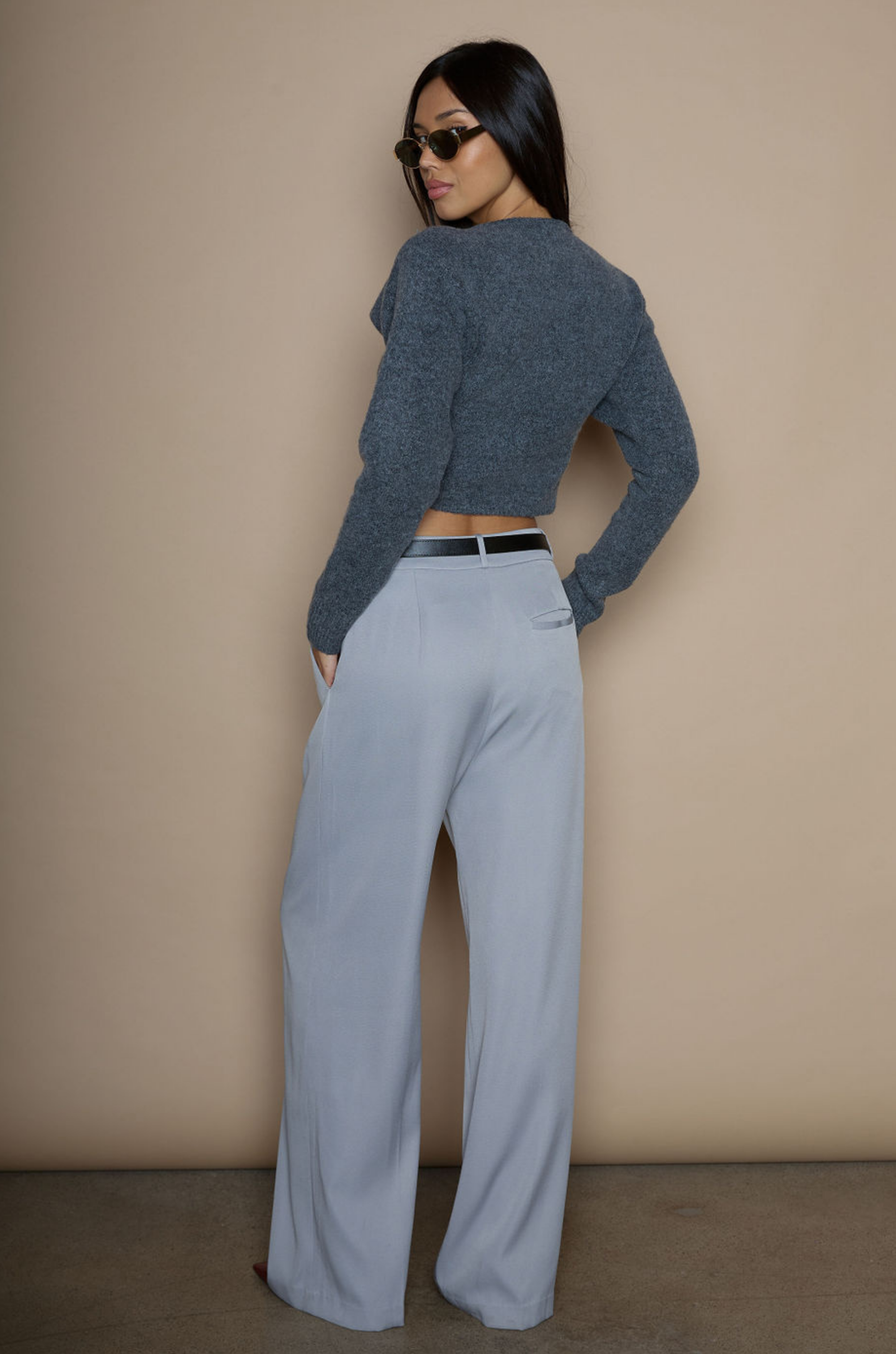Woven wide leg pants. Hook and eye and zipper fly. Side pockets. Faux back pocket. Unlined. grey slacks. gray slacks. work pants. work slats. 