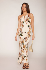 TOP
Floral printed cinched halter top
Adjustable neck and back ties
Open back
Partially lined

BOTTOM
Floral printed chiffon cinched midi skirt
Side zipper closure
Lined