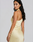 Satin maxi dress
Neck scarf closure
Adjustable one shoulder spaghetti strap
Unlined
yellow satin maxi dress
wedding guest dress