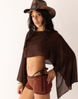 brown sheer cropped long sleeve
unlined
festival outfit
coachella outfit
stagecoach outfit