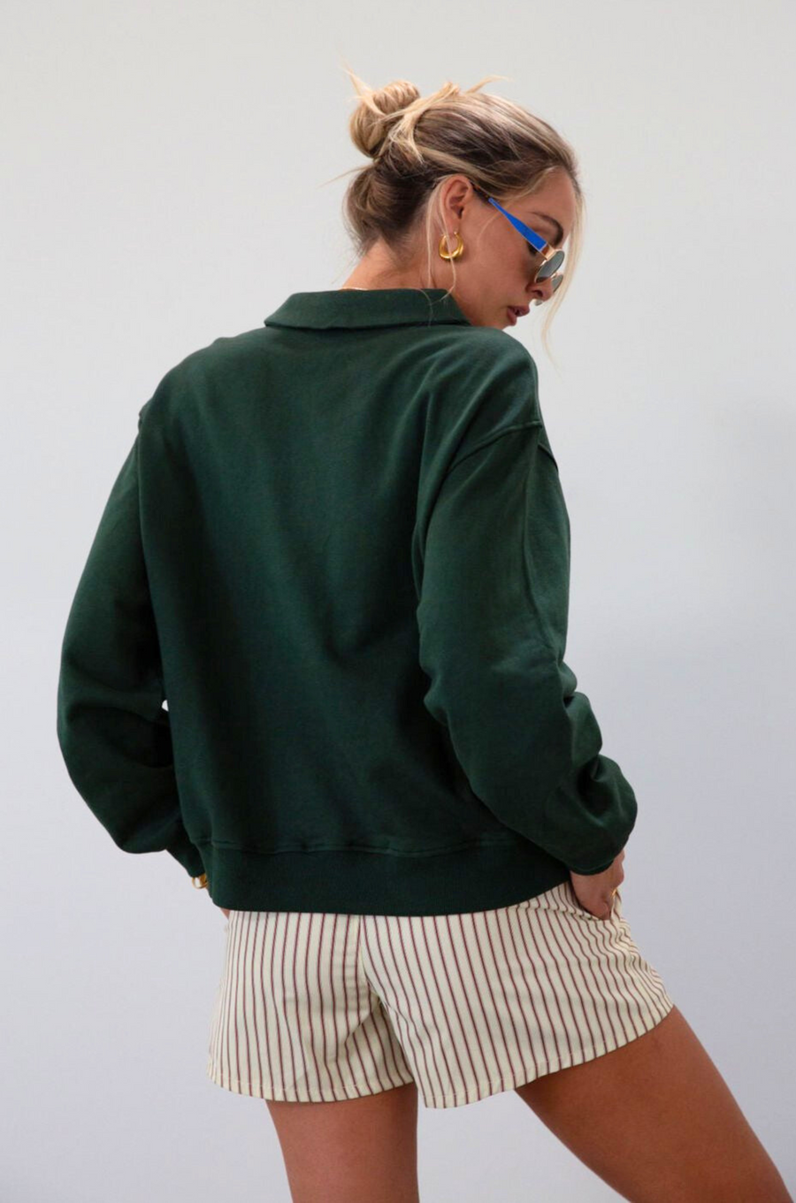 Knit top. Collar neckline. Front button down closure. Unlined. green sweatshirt. fall outfit. fall top. fall transition. cute casual outfit.