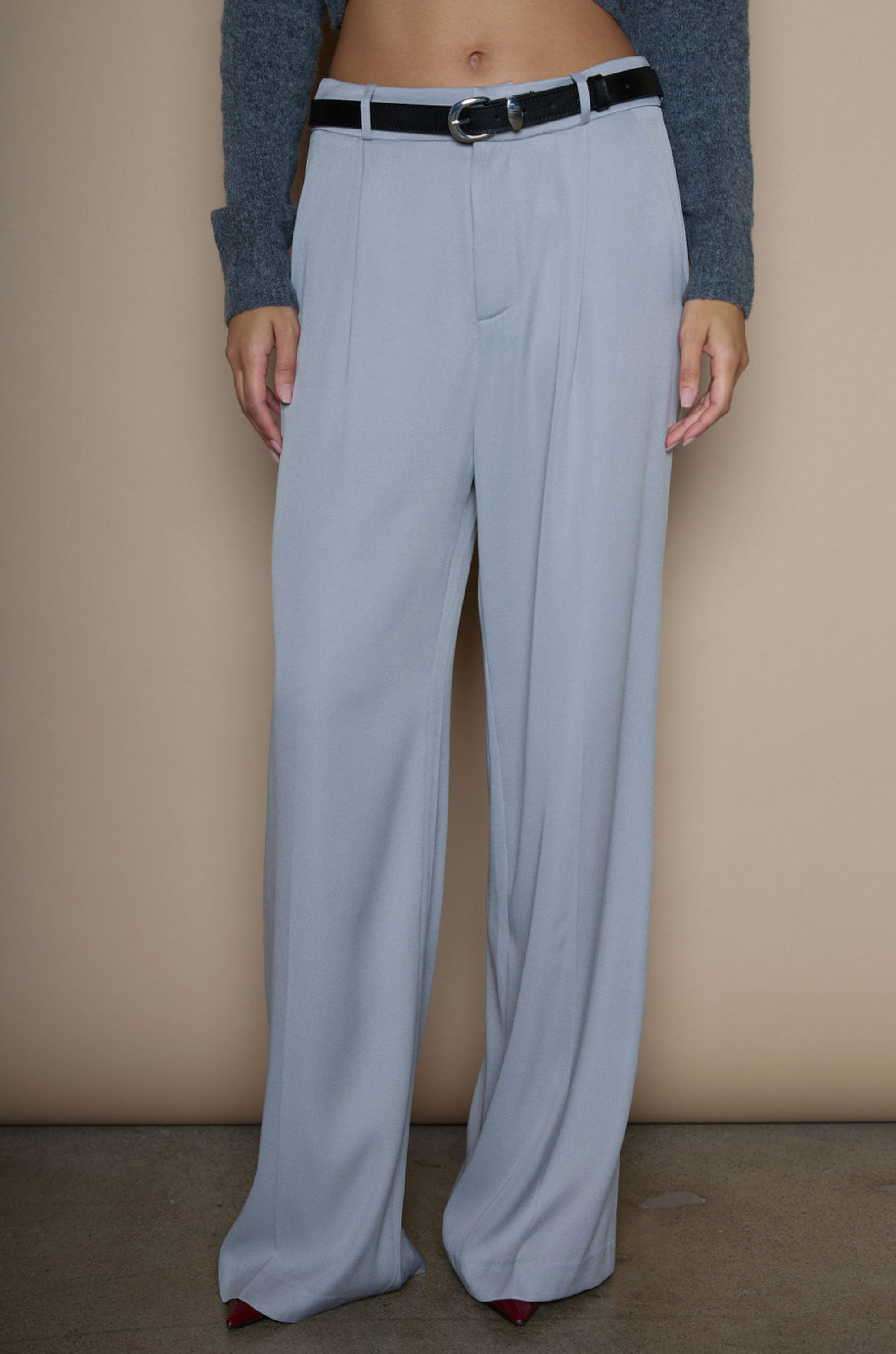 Woven wide leg pants. Hook and eye and zipper fly. Side pockets. Faux back pocket. Unlined. grey slacks. gray slacks. work pants. work slats. 
