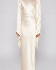 White Ivory Satin maxi dress
Asymmetrical long sleeve hem
Open back
Side zipper closure
Bridal dress