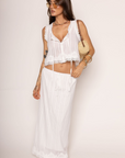 Woven linen tank top vest
Eyelet and lace trim
Button down closure
Tie front
Unlined

Woven linen maxi skirt
Lace hem trim
Faux waist tie
Elastic waistband
Back slit
Lined
Length: 35"
Cotton
Summer linen skirt set
east coast outfit inspo