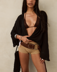 tan Knit crochet micro shorts
Attached knit belt
Unlined