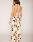 TOP
Floral printed cinched halter top
Adjustable neck and back ties
Open back
Partially lined

BOTTOM
Floral printed chiffon cinched midi skirt
Side zipper closure
Lined
